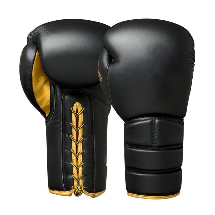 Black and gold lace-up boxing gloves made from genuine cowhide leather, designed for professional fighters.