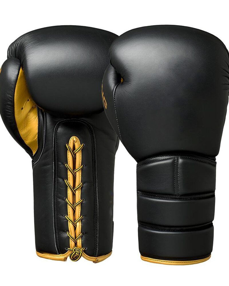 Black and gold lace-up boxing gloves made from genuine cowhide leather, designed for professional fighters.