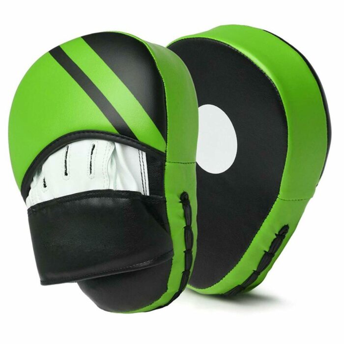 Green and black curved focus pads for boxing, MMA, and Muay Thai training, designed for durability and precision.