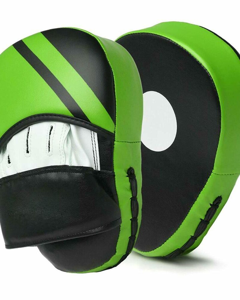 Green and black curved focus pads for boxing, MMA, and Muay Thai training, designed for durability and precision.