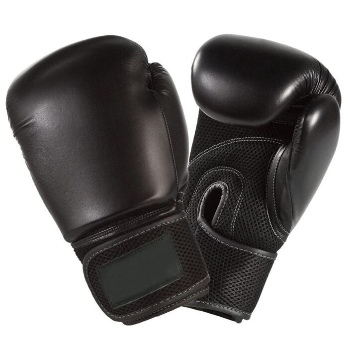 Black boxing gloves with mesh palm and secure wrist strap for ultimate protection.