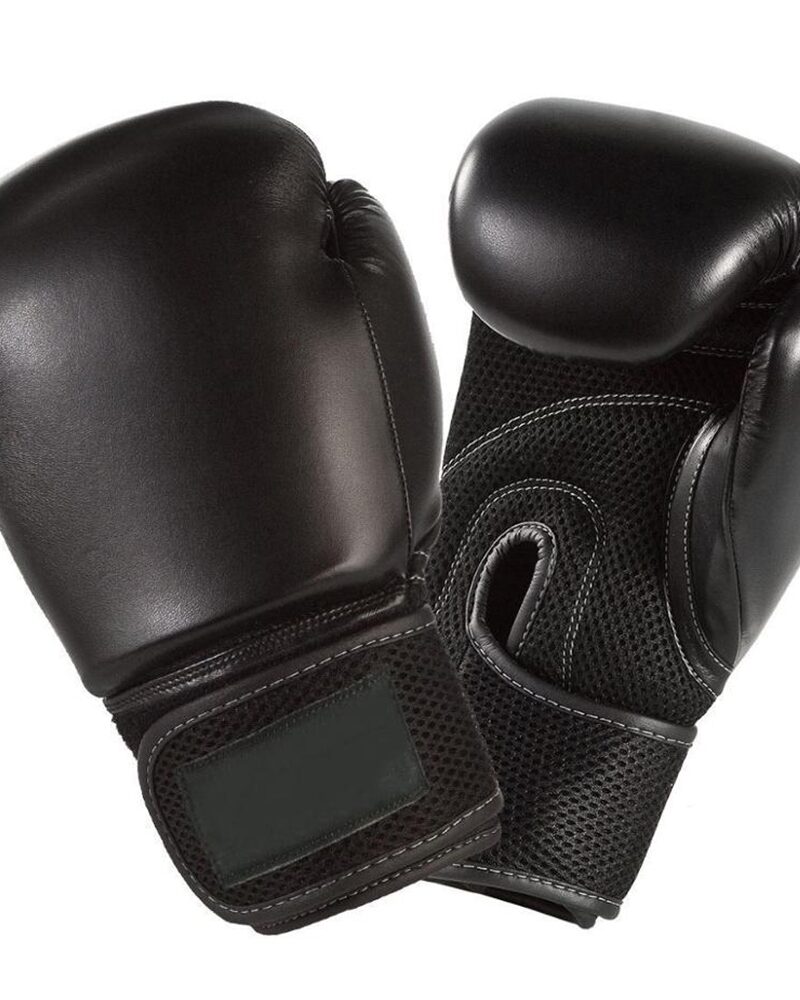 Black boxing gloves with mesh palm and secure wrist strap for ultimate protection.