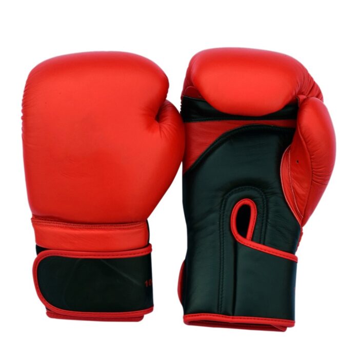 Professional red and black boxing gloves for training, sparring, and competition.