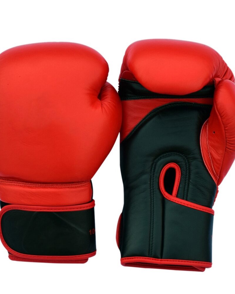 Professional red and black boxing gloves for training, sparring, and competition.