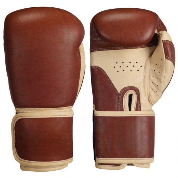 Vintage brown and beige leather boxing gloves with secure wrist straps and breathable palm.