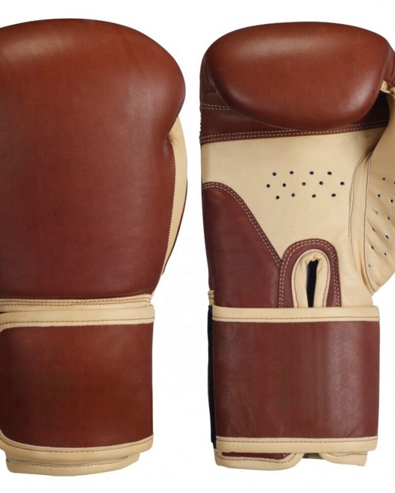 Vintage brown and beige leather boxing gloves with secure wrist straps and breathable palm.