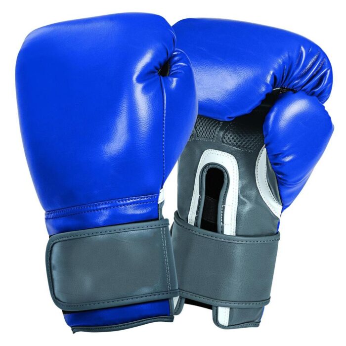 High-quality blue boxing gloves with a secure wrist strap for professional training and sparring.