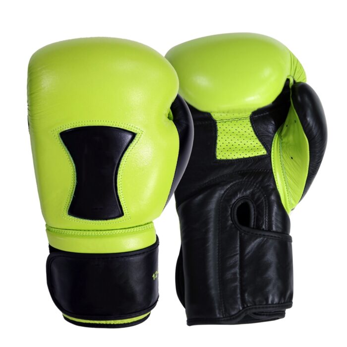 Neon green and black boxing gloves with reinforced wrist support for professional training and competition.