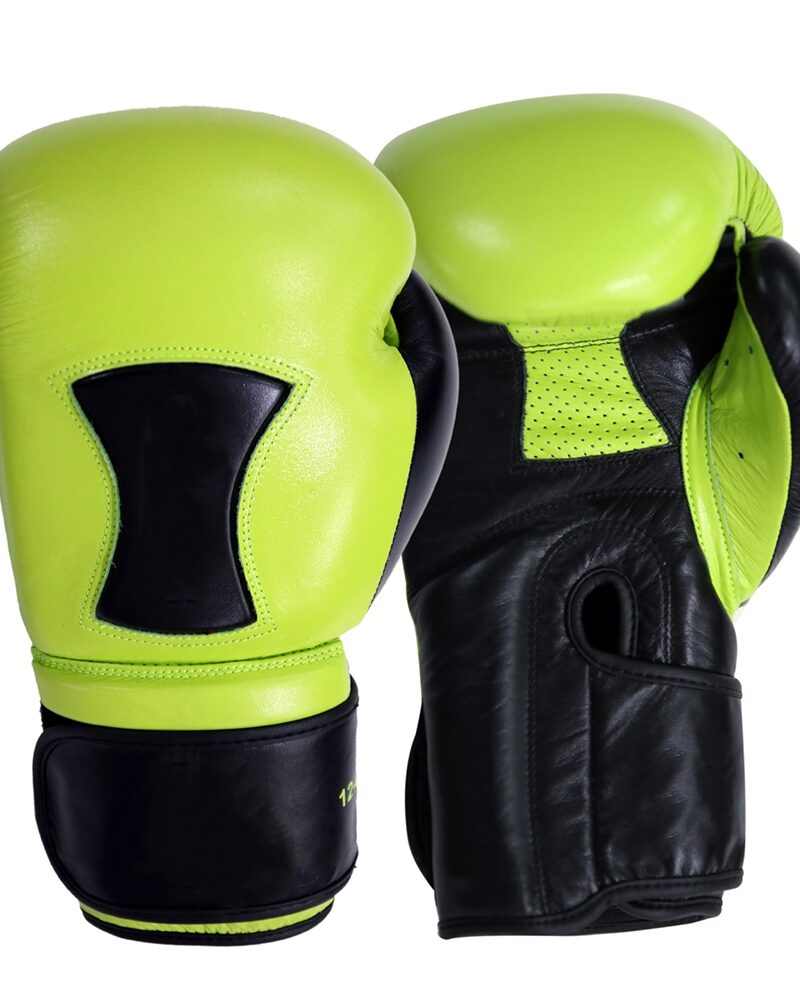 Neon green and black boxing gloves with reinforced wrist support for professional training and competition.