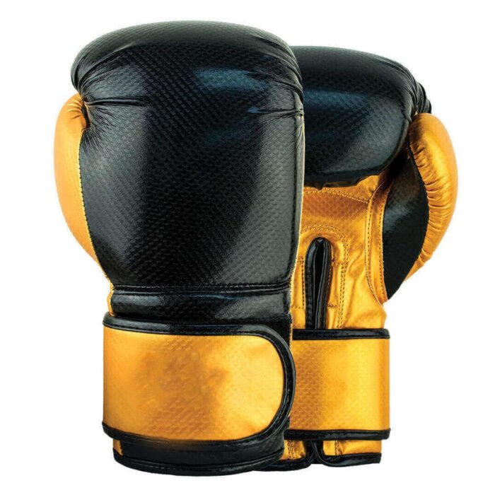 Stylish black and gold boxing gloves with a secure wrist strap for enhanced training and sparring performance.