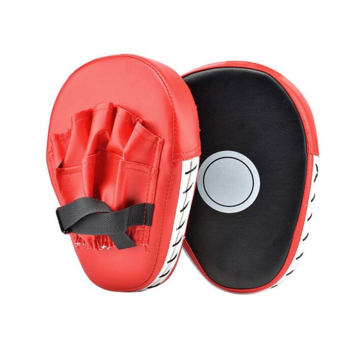 Pair of red and black Crimson Strike Focus Pads for boxing and martial arts training, showing finger slots and white stitching.