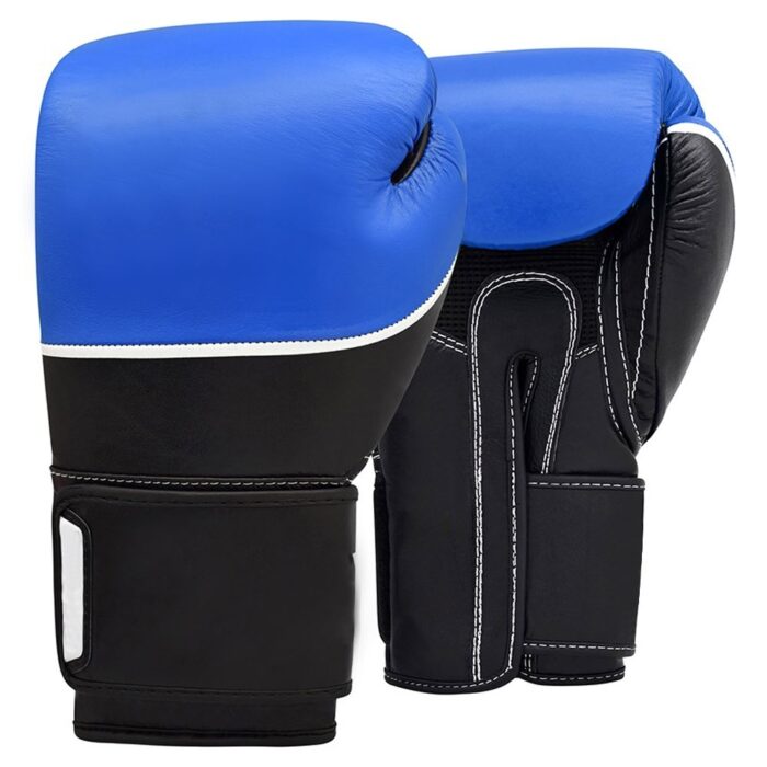 Blue and black professional boxing gloves with reinforced wrist support for training and competition.