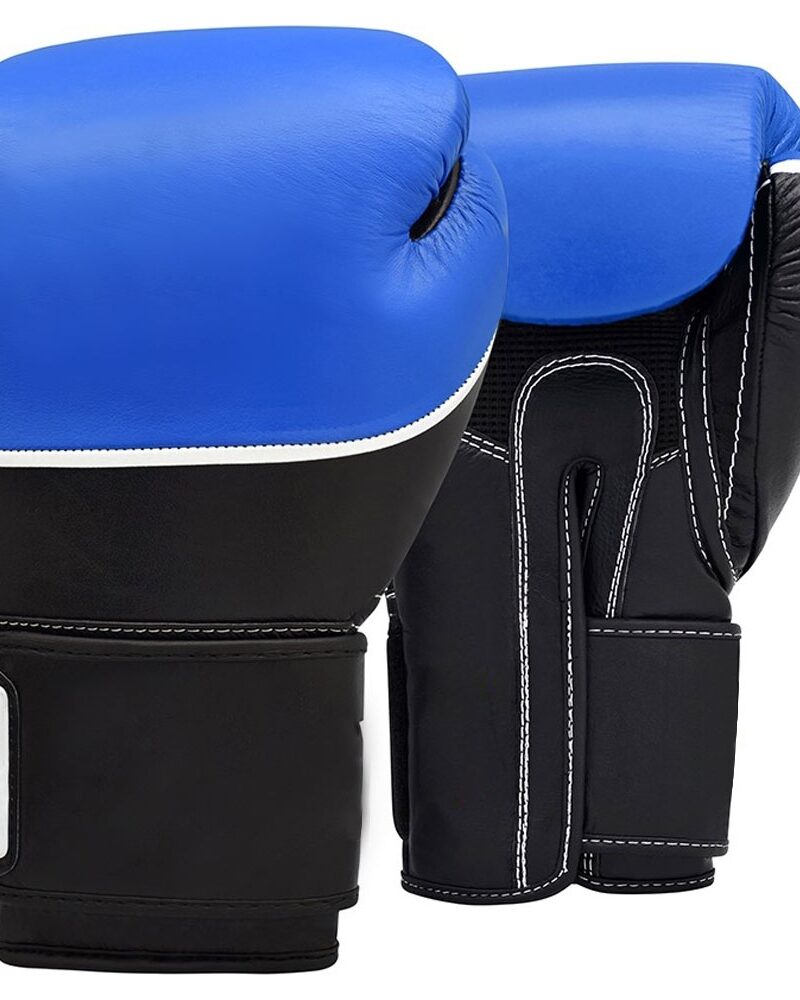 Blue and black professional boxing gloves with reinforced wrist support for training and competition.