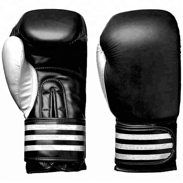 Black and white boxing gloves with striped wrist strap