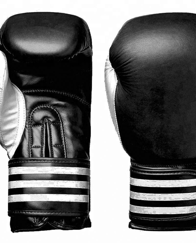 Black and white boxing gloves with striped wrist strap