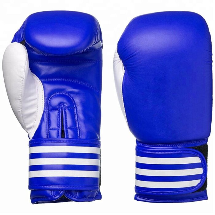 Black and white boxing gloves with striped wrist strap / Blue and white boxing gloves with striped wrist strap